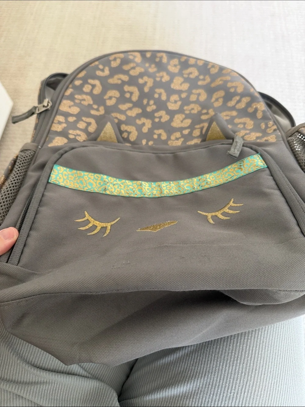 Pottery Barn Kids Gray Girls' Leopard Print Cat Backpack with Gold Accents XL